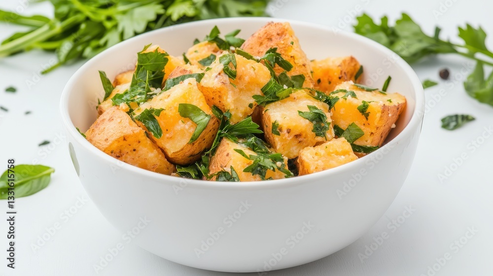 Freshly Made Herb-Infused Roasted Potato Cubes in White Bowl Freshly Made Herb-Infused Roasted Potato Cubes in White Bowl