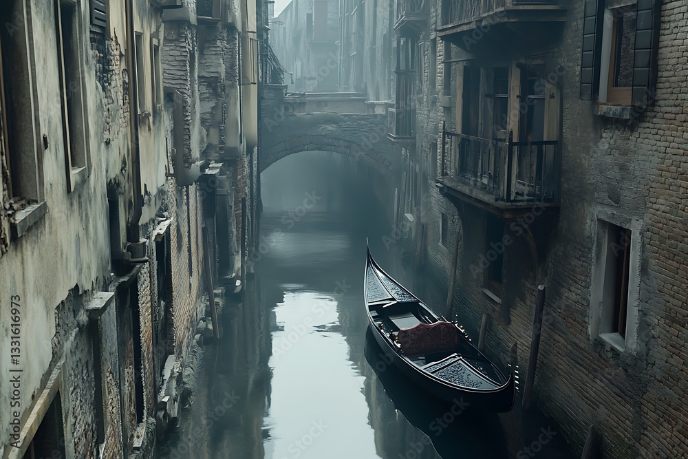 Fototapeta premium Gondola floats through foggy Venice canal, under arched bridge, background of old buildings, travel use