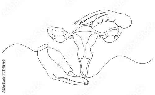 Continuous single line of hand holding uterus ovary cervix anatomy female reproductive organ sketch drawing editable stroke vector illustration