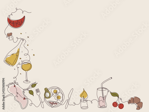 Line art style food and drink. Outline background showcasing variety of items include elegant glasses, fruits, dishes. Dinner party. Hand drawn vector illustration. 