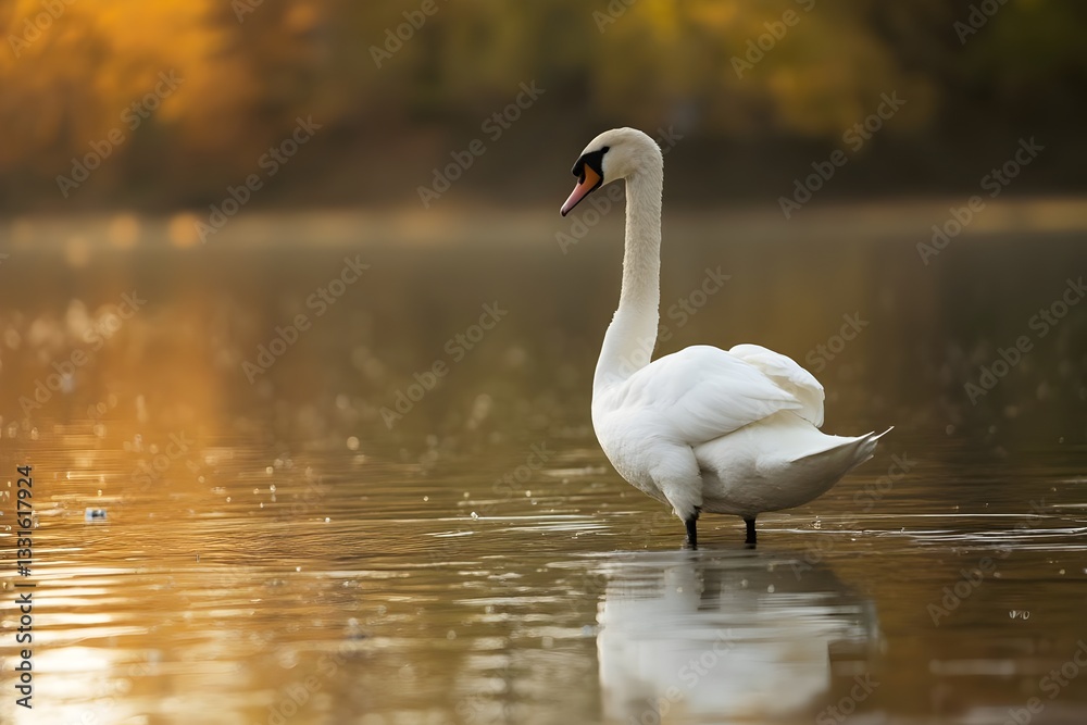 Graceful White Swan on Calm Water with Autumn Trees, Generative AI Graceful White Swan on Calm Water with Autumn Trees, Generative AI