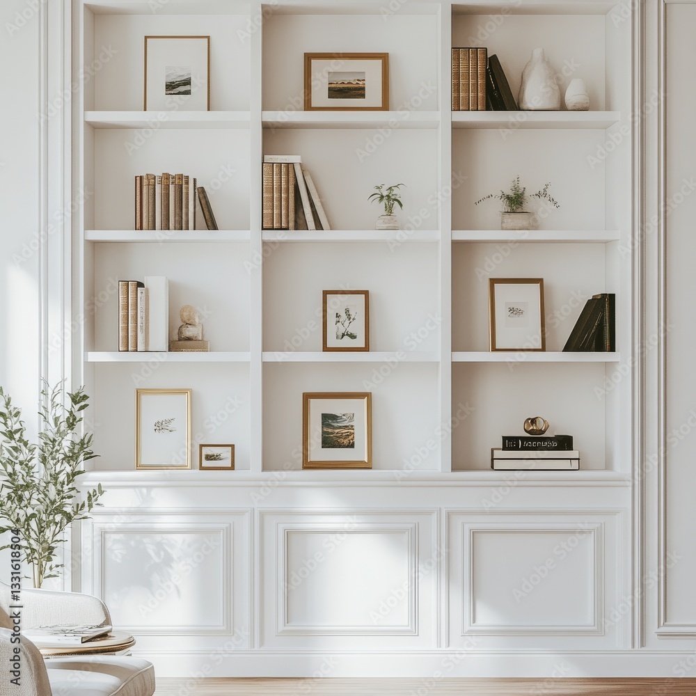 Elegant White Bookshelf with Decorative Items, Artwork, and Books in a Classic Interior Design Style Elegant White Bookshelf with Decorative Items, Artwork, and Books in a Classic Interior Design Style