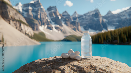Refreshing water bottle and eggs on a rock moraine lake nature photography tranquil environment close-up view