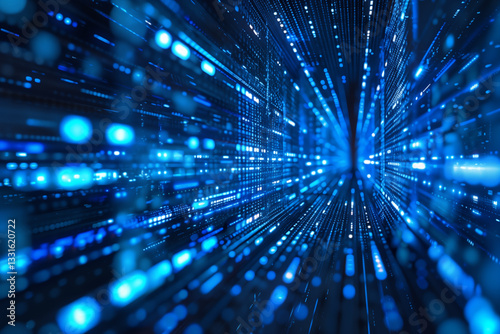 AI artificial Intelligence technology. Machine and deep learning. Blue technology data wavy lines in a holographic style. Cyber big data flow with particle bokeh. Digital Neural Network.