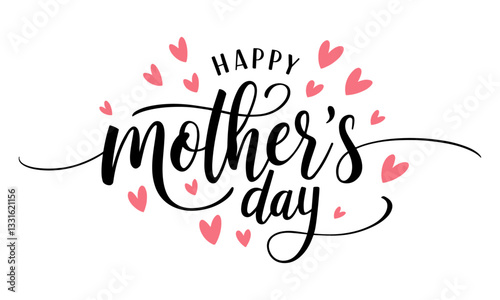 Happy Mother's Day typography vector with handwritten calligraphy and pink hearts – Elegant lettering design isolated on transparent background