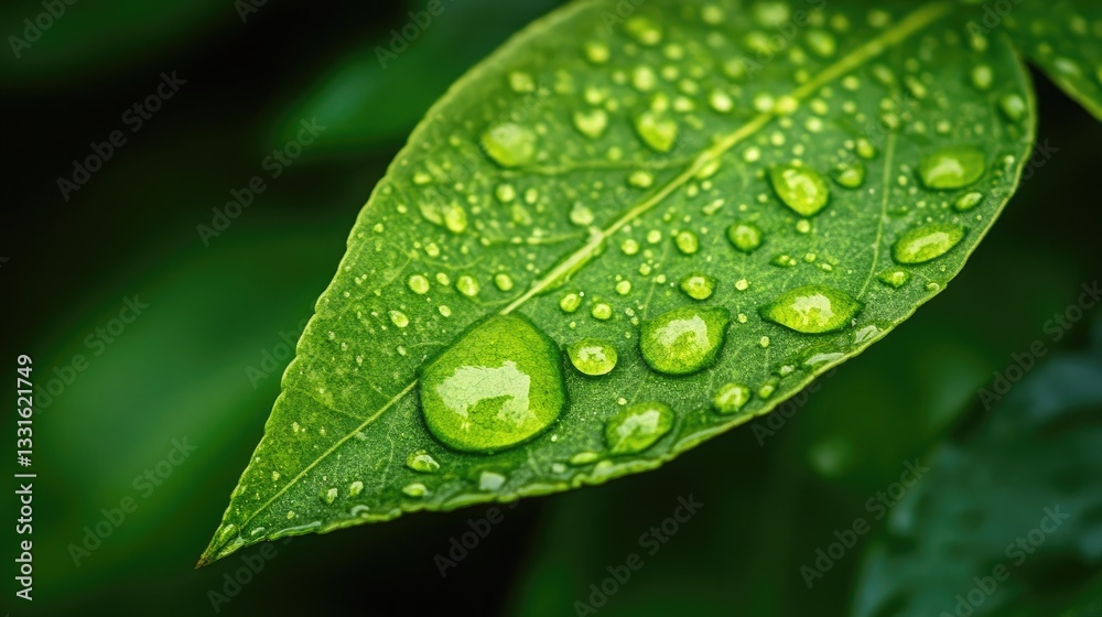 Closeup of a vibrant green leaf covered in glistening water droplets after a refreshing rain shower Closeup of a vibrant green leaf covered in glistening water droplets after a refreshing rain shower