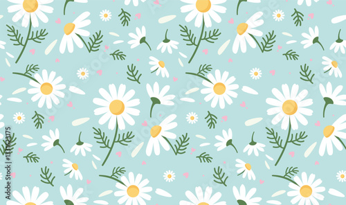 seamless floral pattern featuring chamomile with green leaves