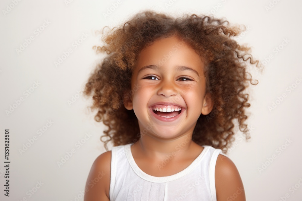 Happy Child with Curly Hair Smiling Joyfully Against Neutral Background