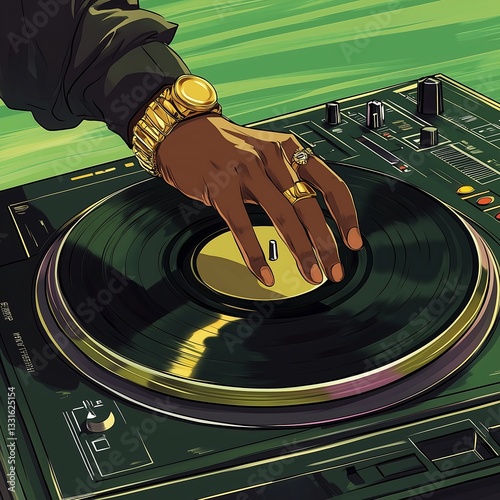 Close-up of DJ hand spinning vinyl record on professional turntable at a music event. Party and nightlife concept
