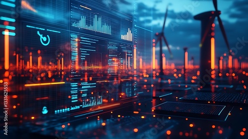 A cinematic data visualization displaying renewable energy expansion trends, AI-driven analytics projecting future growth of sustainable power, neon-lit UI elements, cyber-futuristic aesthetic,