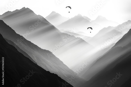 Two paragliders soar over a misty, monochrome mountain range, creating a serene and adventurous scene.