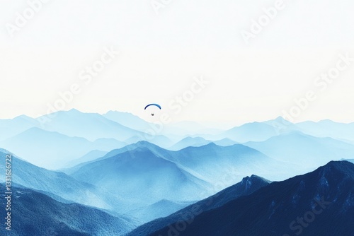 A paraglider soars over a breathtaking vista of serene, blue-hued mountains under a clear sky.