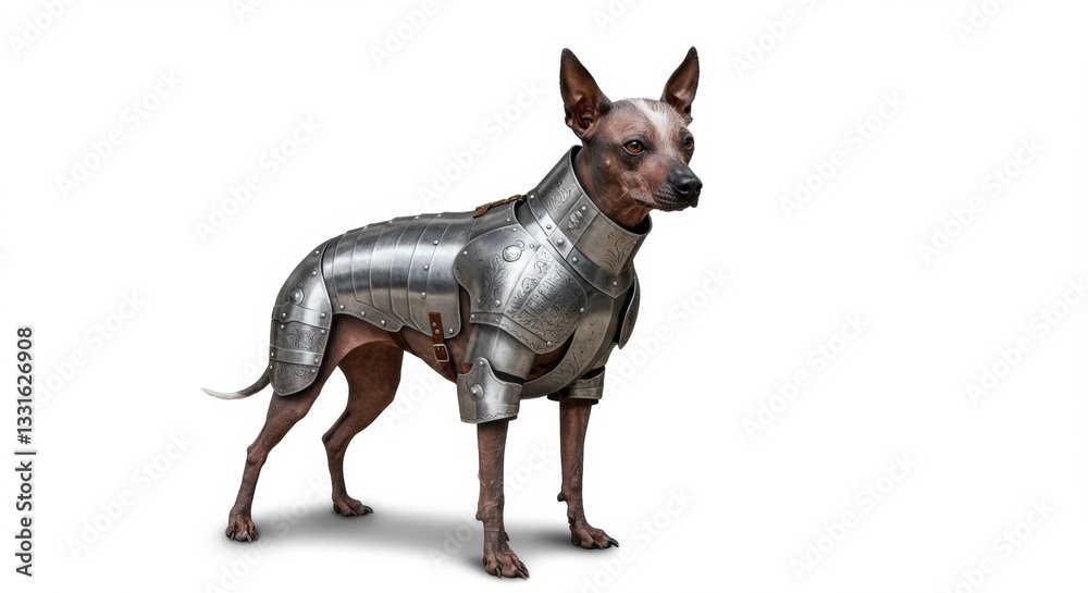 A peruvian hairless dog in metallic armor standing against a plain background, showcasing unique pet fashion A peruvian hairless dog in metallic armor standing against a plain background, showcasing unique pet fashion