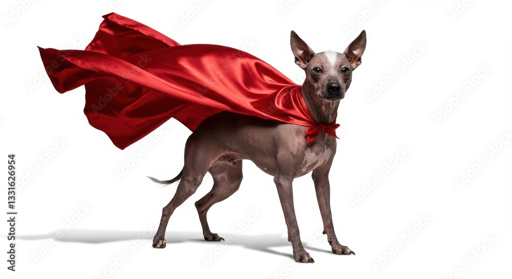 Obraz premium Heroic peruvian hairless dog wearing a red cape stands confidently against a white backdrop