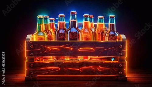 Crate filled with glowing beer bottles under neon lights at a vibrant setting