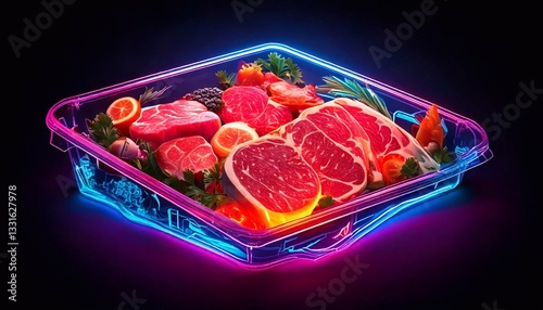 Vibrant neon meat packaging with fresh cuts and colorful garnishes showcased creatively