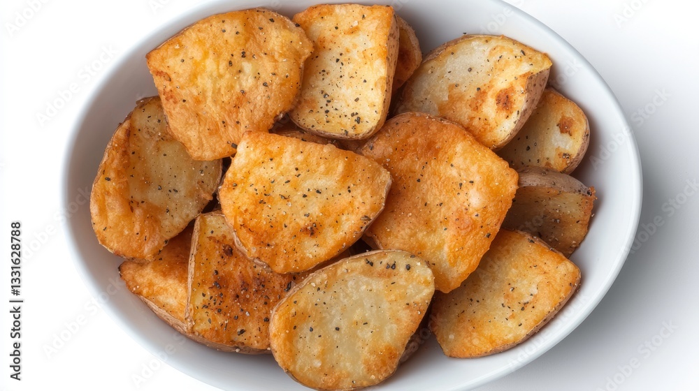 Crispy Golden Fried Potato Slices in a White Bowl on White Background Crispy Golden Fried Potato Slices in a White Bowl on White Background