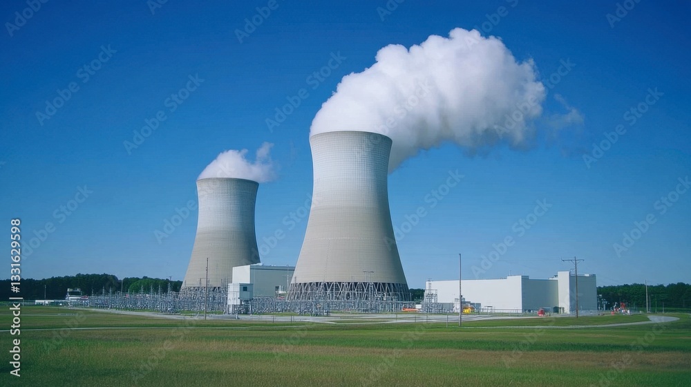 A power plant with giant cooling towers releasing steam into the sky. A power plant with giant cooling towers releasing steam into the sky.