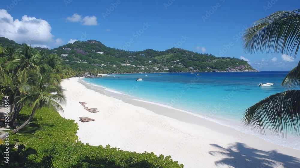 Naklejka premium A pristine beach with turquoise waters, white sand, and lush palm trees, showing an unspoiled paradise.
