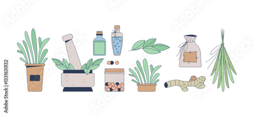 Herbal medicine and natural remedies 2D cartoon objects set. Herbs, essential oils, mortar pestle, spices dried plants isolated elements flat vector clip arts on white. Spot illustrations collection