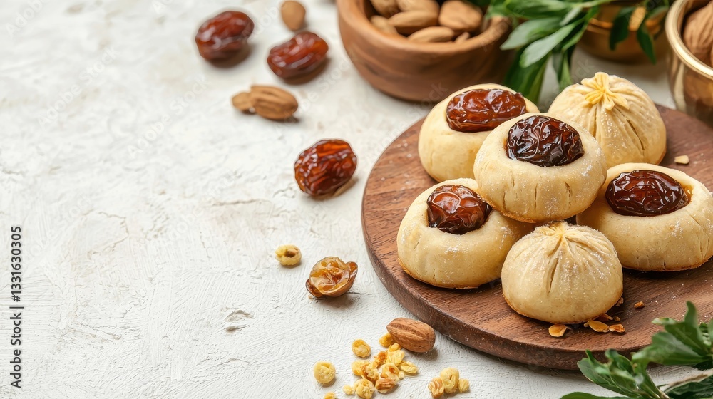 Delicious Middle Eastern Cookies with Dates and Nuts on Wooden Plate Surrounded by Fresh Ingredients Delicious Middle Eastern Cookies with Dates and Nuts on Wooden Plate Surrounded by Fresh Ingredients