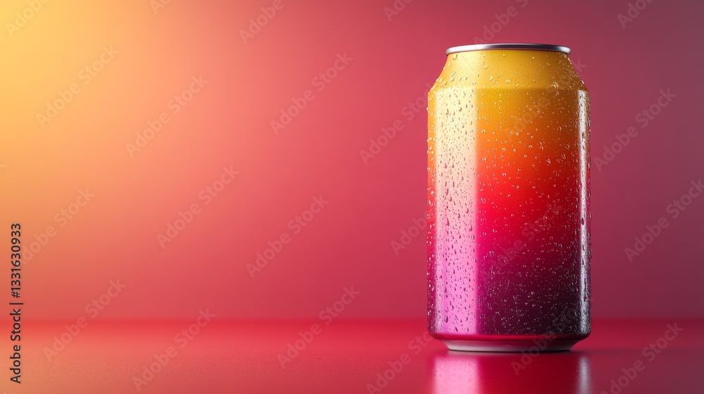 A beverage can displays a gradient of colors, reflecting light and moisture, resting on a smooth surface. The background glows with warm tones of orange and pink, suggesting a serene evening.