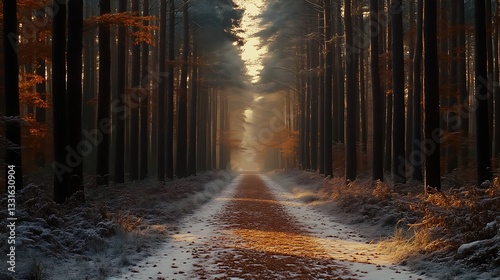 Sunlit Path Through A Snowy Winter Forest