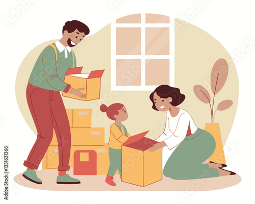 smiling-man-and-woman-enjoy-unpacking-with-child-moving to own home. rent,mortagage concept 