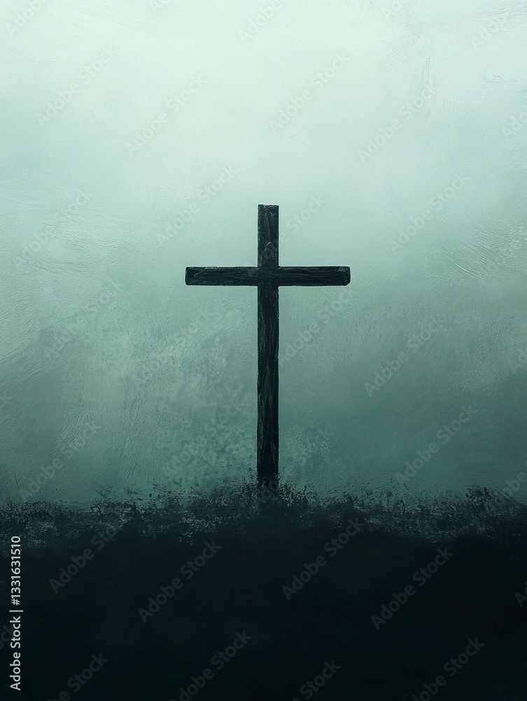 Fototapeta premium Dark Cross on Hill Against Misty Background for Religious Themes, Good Friday background