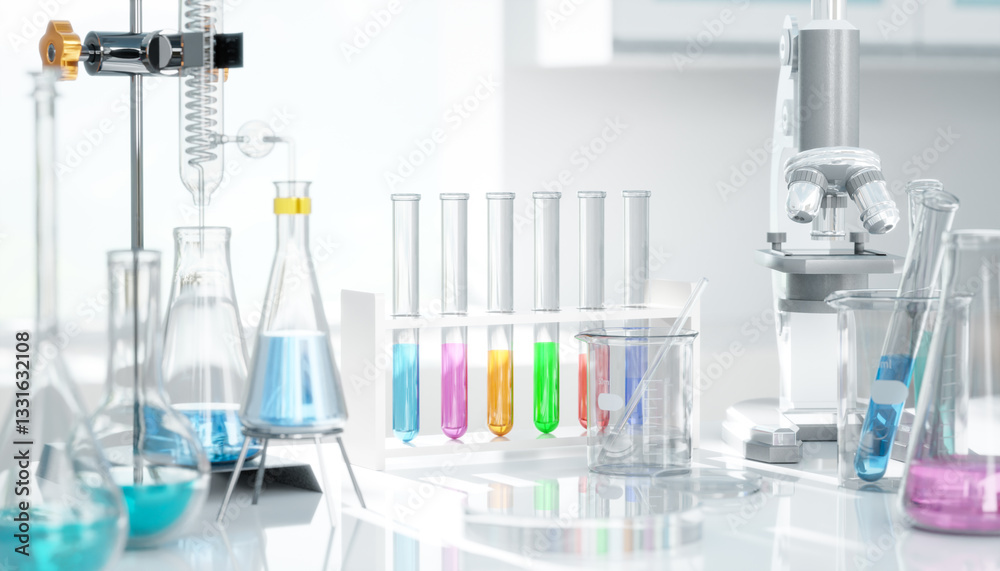 3D Laboratory glassware and microscope conducting experiment with colorful chemicals 3D Laboratory glassware and microscope conducting experiment with colorful chemicals