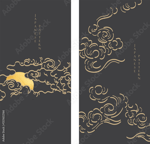 Japanese background with line pattern and moon vector. Abstract template with geometric wave pattern. Cloud layout design in oriental style