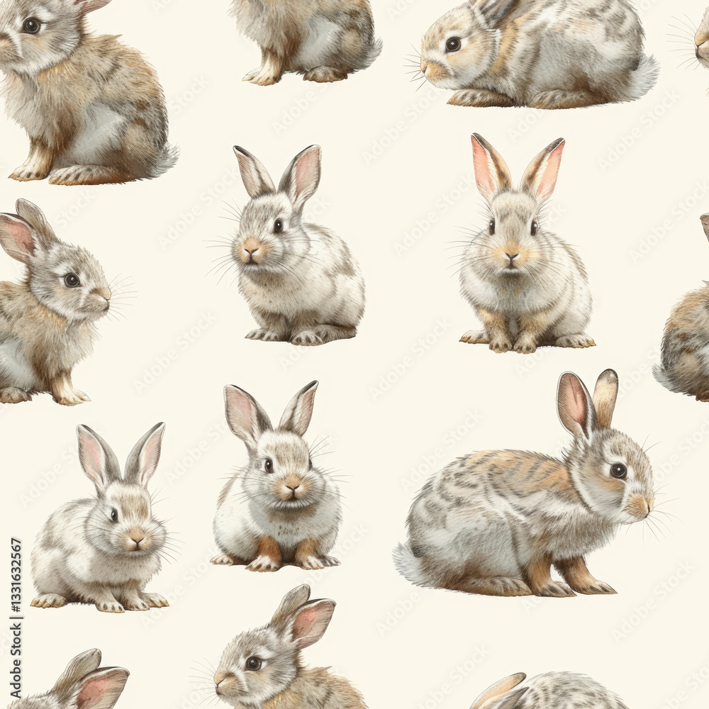 Fototapeta premium Seamless Rabbit Pattern - Cute Hand-Drawn Bunny Design, Pastel Colors, 100% Tileable