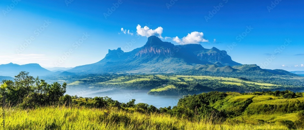 Fototapeta premium Breathtaking mountain landscape under a clear blue sky with lush green hills and a serene body of water in the foreground.