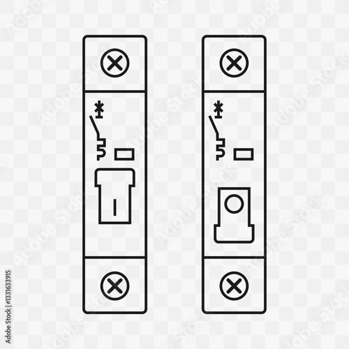 Miniature single pole circuit breaker set. Minimalist line art style vector illustration on a checkered background