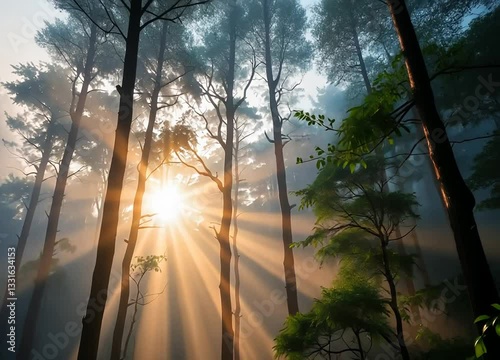 Enchanted Dawn in the Misty Woods: Sunlight Piercing Through the Fog, Video 4K