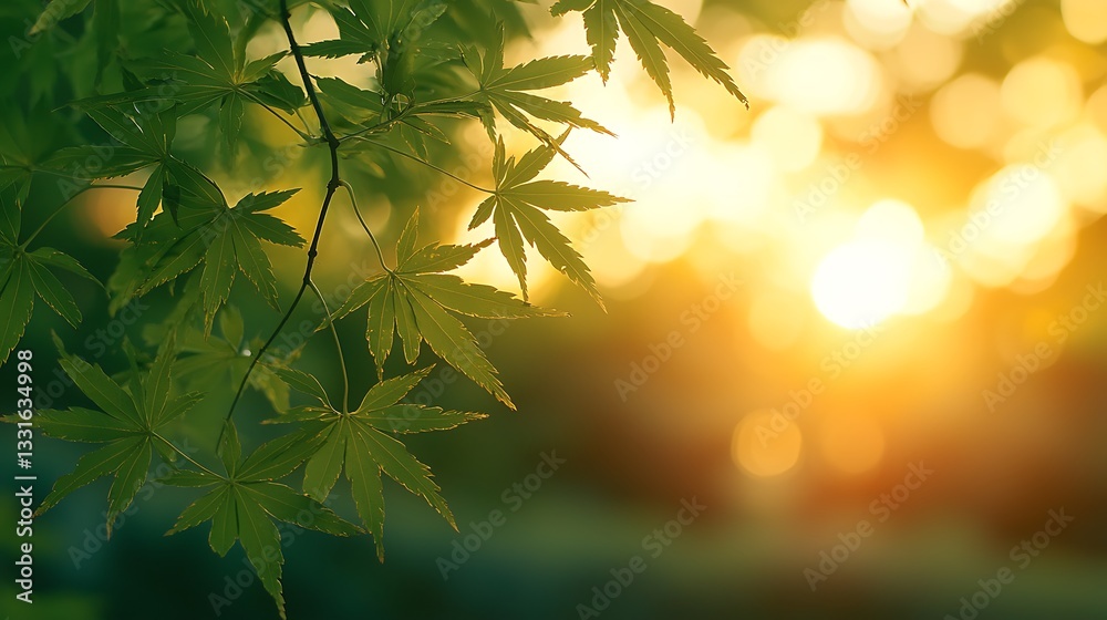 Maple leaves glow during sunset in the forest Maple leaves glow during sunset in the forest