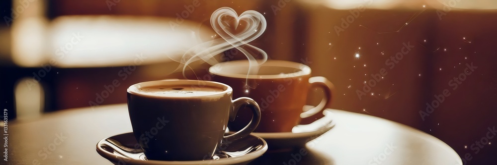 Naklejka premium Two coffee cups on a café table with steam forming heart shapes – Perfect for coffee lovers, romance, or cozy moments