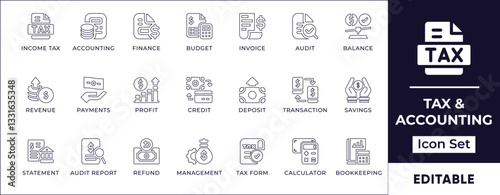 Minimalist line icon set for tax, accounting, bookkeeping, finance, invoicing, audits, financial reports, and business calculations.