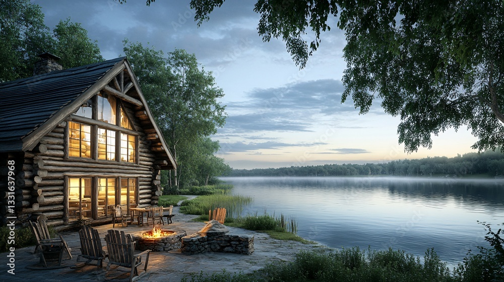 Obraz premium A cozy lakeside log cabin at dusk with a warm inviting glow