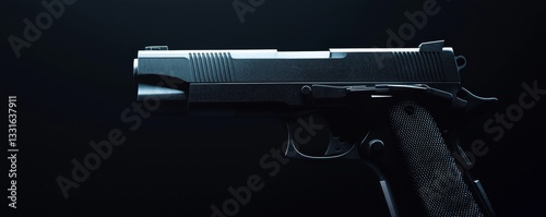 Close-up of a modern handgun in dark setting.