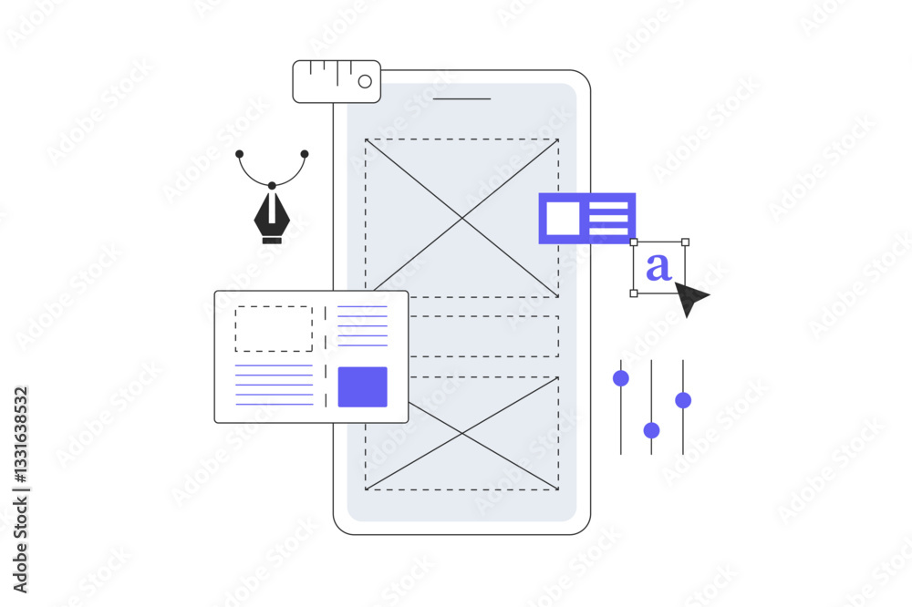 Web and app design concept. User Interface UI and User Experience UX content organization. Designer working on the designing of web page or mobile app. Flat Cartoon Vector Illustration, icon. Stylish 