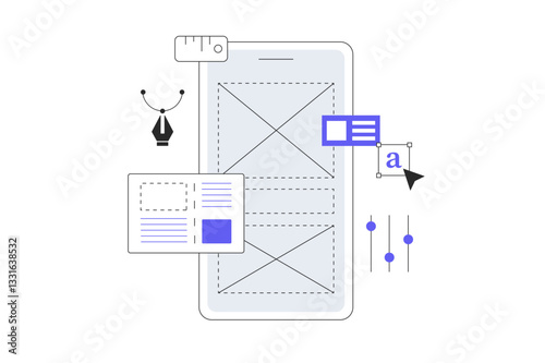 Web and app design concept. User Interface UI and User Experience UX content organization. Designer working on the designing of web page or mobile app. Flat Cartoon Vector Illustration, icon. Stylish 