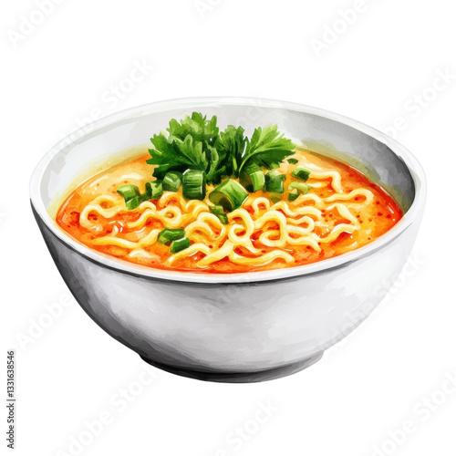 Delicious bowl of ramen soup with noodles, green onions, and herbs
