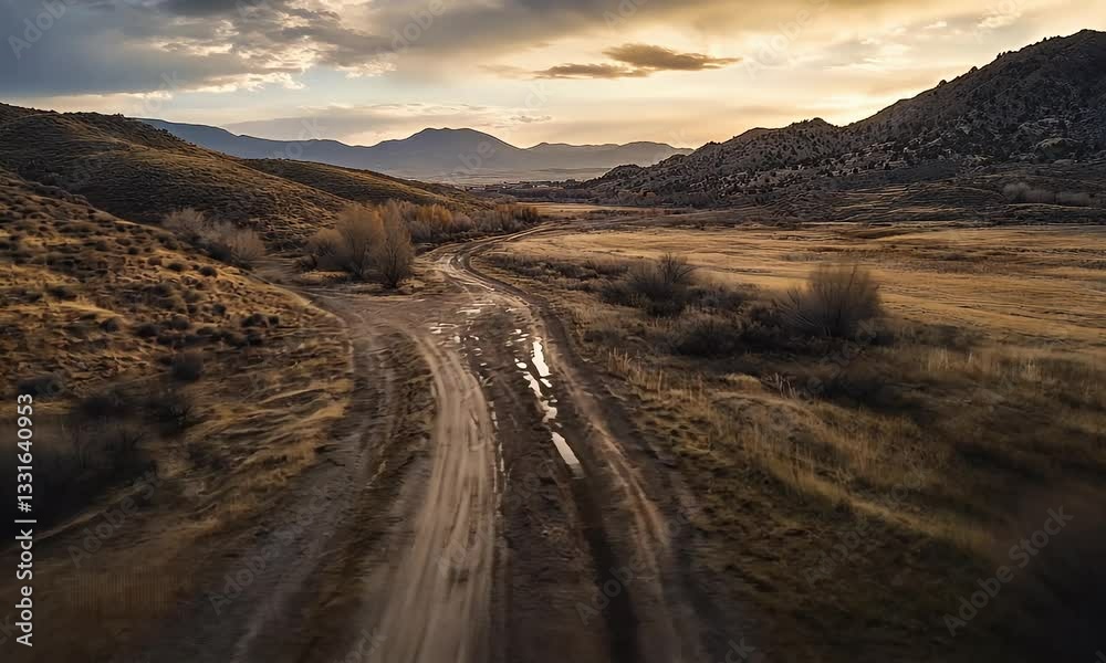 Aerial view of a dirt road winding through a valley at sunset. Use travel brochure Aerial view of a dirt road winding through a valley at sunset. Use travel brochure