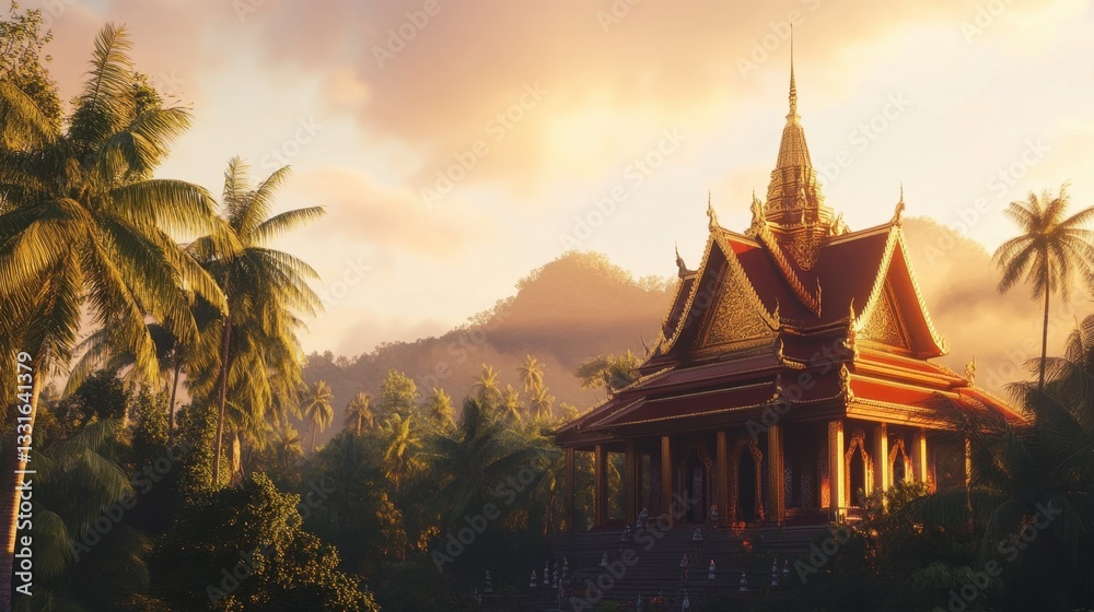 Φωτογραφία Khao Sukim Temple at twilight, with the temple softly lit against the dimming sky and the sounds of nature in the background