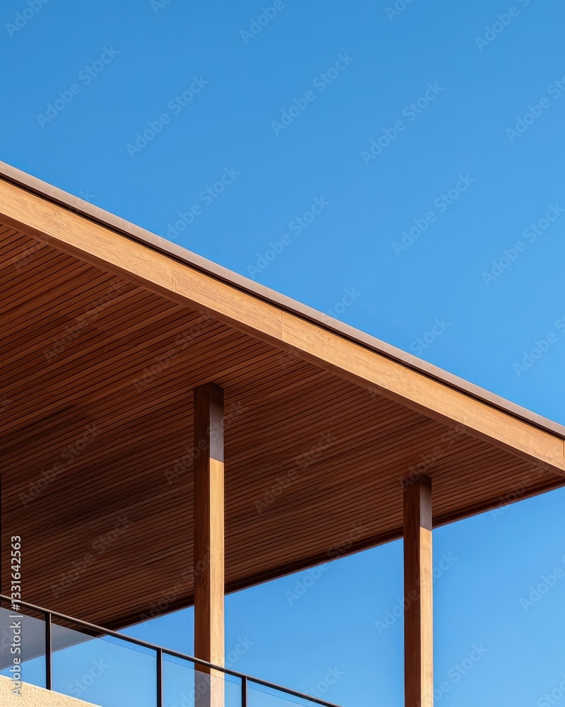 Modern Architectural Detail of Wooden Overhang Against Clear Blue Sky on Contemporary Building Modern Architectural Detail of Wooden Overhang Against Clear Blue Sky on Contemporary Building