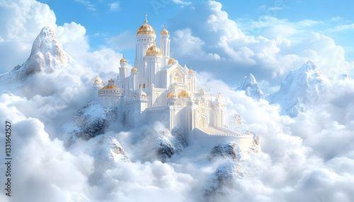Majestic white castle perched atop snowy mountain peaks, floating amidst fluffy clouds