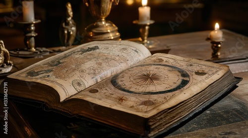 a rare Renaissance-era book with hand-painted celestial maps and astrological charts, delicate brushwork and celestial symbols glowing under candlelight. 