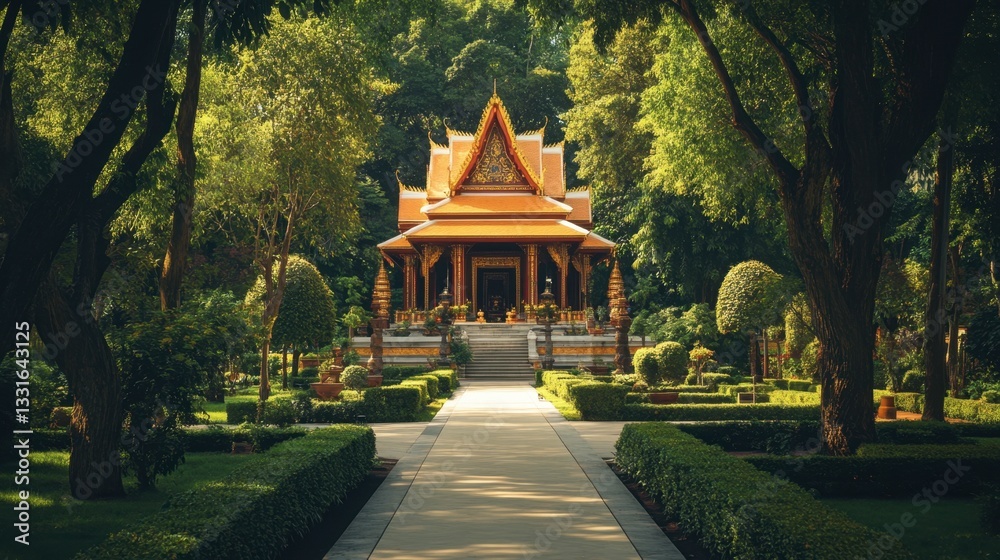 The serene surroundings of Mahachedi Chaimongkol Temple, with lush green gardens and trees framing the magnificent structure. The serene surroundings of Mahachedi Chaimongkol Temple, with lush green gardens and trees framing the magnificent structure.