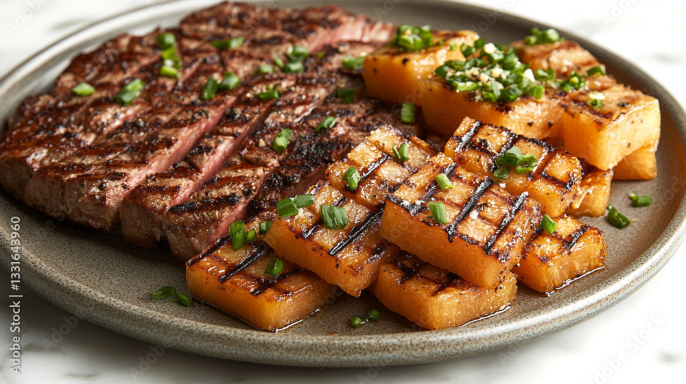 Grilled steak with perfect sear marks, served with caramelized grilled potatoes, garnished with fresh chopped green onions on a ceramic plate for a delicious and hearty meal Grilled steak with perfect sear marks, served with caramelized grilled potatoes, garnished with fresh chopped green onions on a ceramic plate for a delicious and hearty meal